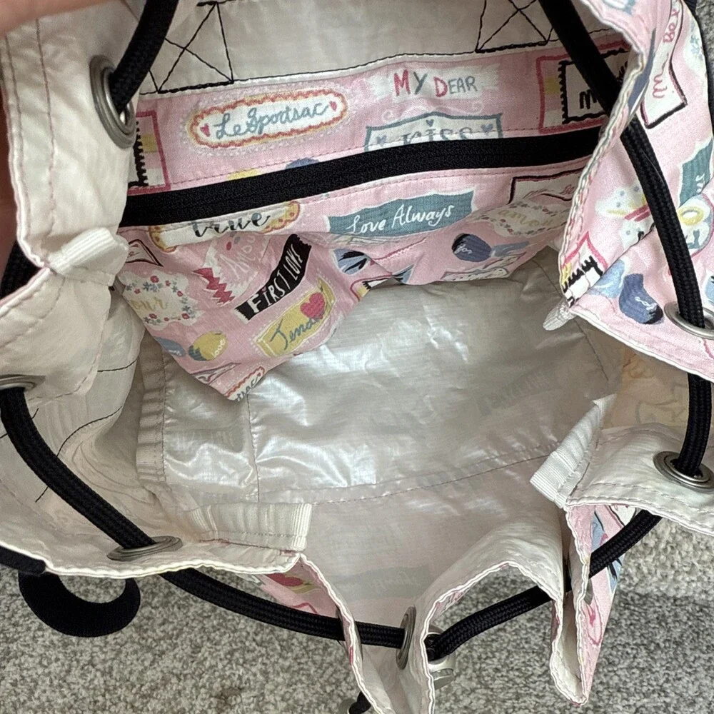 LeSportsac Small Mini Backpack Love Print Cinch Top Snap Closure Zipped Pockets